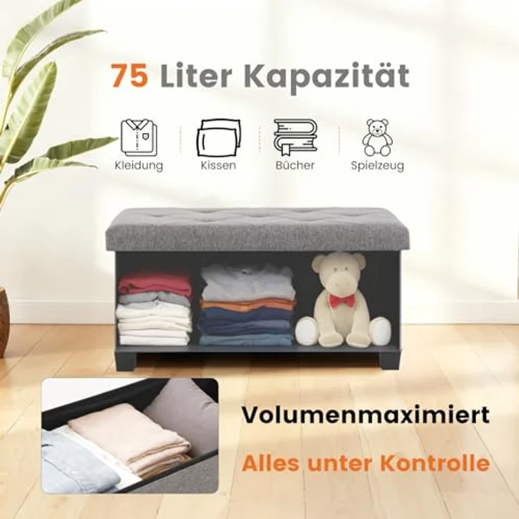 Sweetcrispy Sitzbank mit Stauraum, Sitzbank mit Beinen, 76 x 38 x 38 cm, Klappbare Sitztruhe Sitzhocker, Aufbewahrungsbox mit Deckel, bis 300 kg belastbar, für Wohnzimmer Schlafzimmer Flur, Dunkelgrau – Bild 4