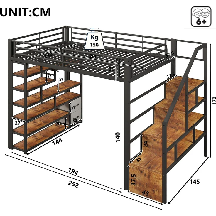 EINHOM Hochbett, 140 x 200 cm, Eisenrahmen, Ablagefach, Integrierte Stufen, Schutzgeländer, Leiter, mit LED-Lichtleiste, Offener Stauraum unter dem Bett, Schwarz (Ohne Matratze) – Bild 2