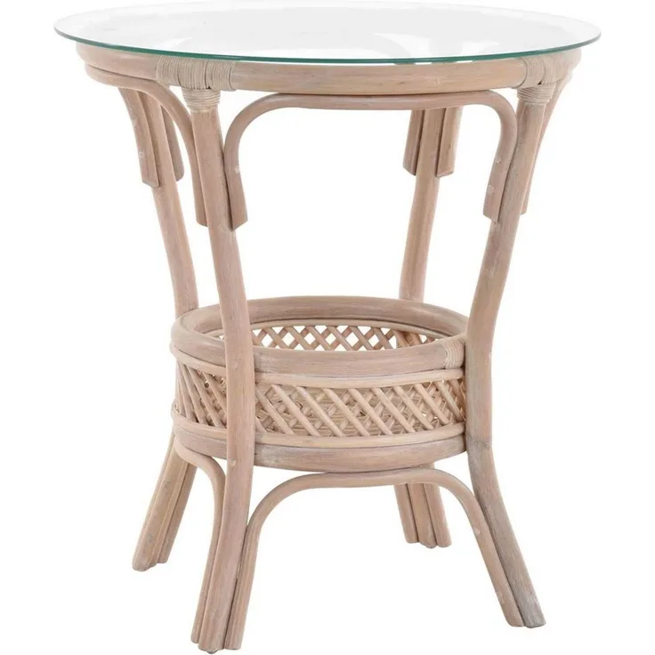 Krines Home Beistelltisch RattanTisch Beistelltisch Landhaus Rattantisch mit Glasplatte, Ø 59cm, Wohnzimmer Kaffetisch