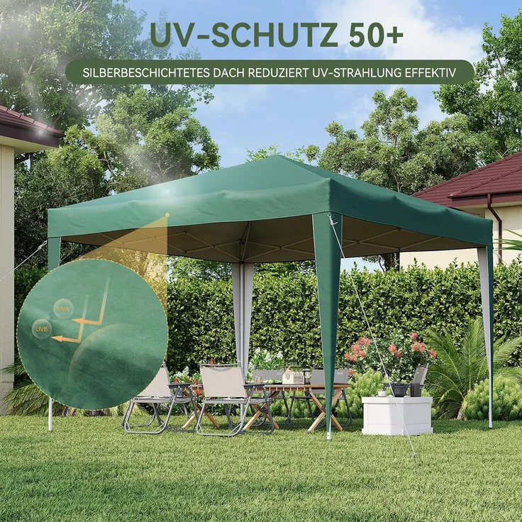 Aoxun Pop Up Pavillon 3x3 Wasserdicht, Metallrahmen-Schutzzelt, Höhe Verstellbar, 3mx3m Faltpavillon mit Tragetasche für Camping Party, Grün – Bild 3