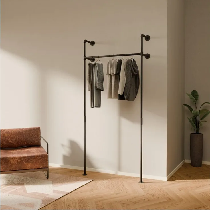 pamo. design Kleiderständer KIM Kleiderstange Wandmontage, offener Kleiderschrank, Kleiderständer, (Set, 1), Schwarzer Garderobenständer im Industrial Design für Kleidung