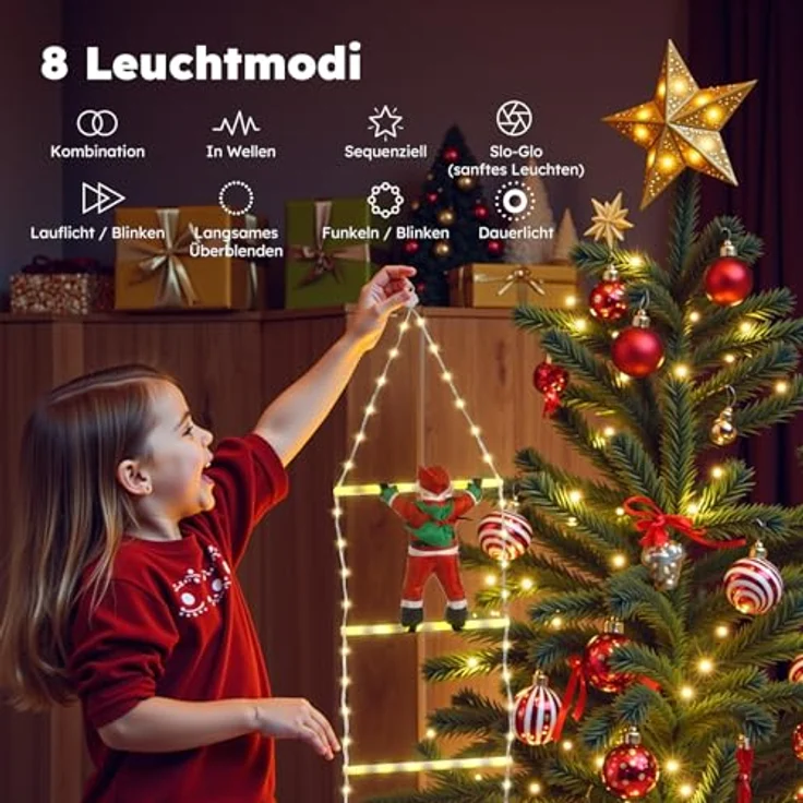 LEDYA 1,25M Leiter Lichterkette mit Weihnachtsmann, 98 LED Weihnachtsbeleuchtung Strombetrieben mit Timer, Speicherfunktion, 8 Modi für Innen- & Außen Weihnachtsbaum Fenster Weihnachten Deko, Warmweiß – Bild 3