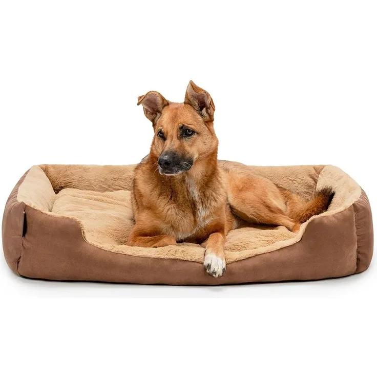 lionto Hundebett mit Wendekissen und Rutschfester Unterseite, Robustes Heimtierkissen mit tiefem Einstieg für Hunde und Katzen jeden Alters, 90x70 cm, kuscheliges Hundekissen, braun/beige