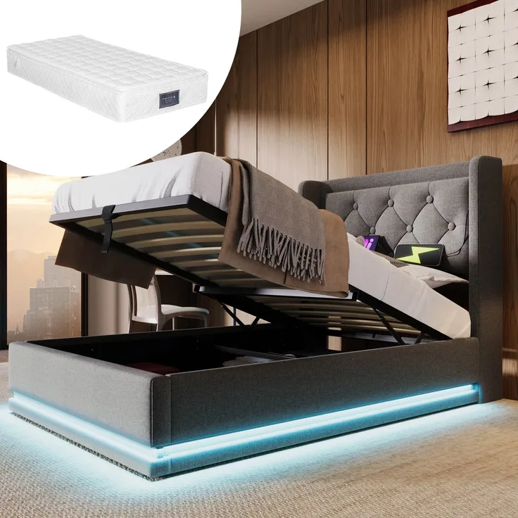 Polsterbett 90x200 cm Grau mit 3-seitiger LED-Beleuchtung, Wingback Kopfteil & USB Typ-C Ladefunktion,hydraulischer Stauraum,inklusive Matratze