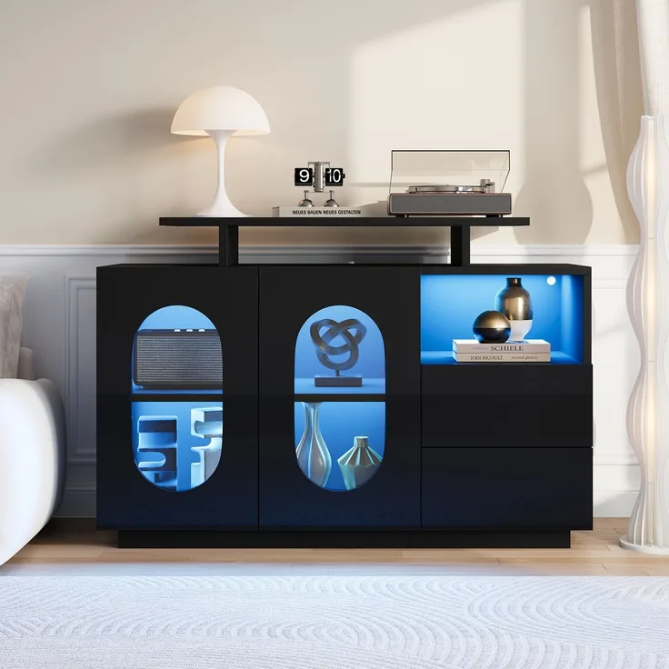 Sideboard, Hochglanz mit LED & Glastüren, 120x40x80 cm, Schwarz