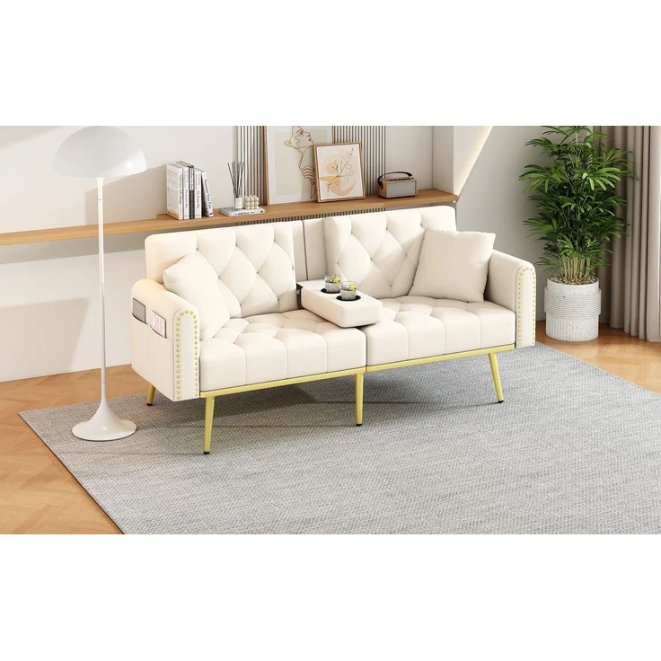 Schlafsofa mit 3-fach verstellbarer Rückenlehne und Getränkehalter, Velours, 175x80x73,5 cm, Beige – Bild 4