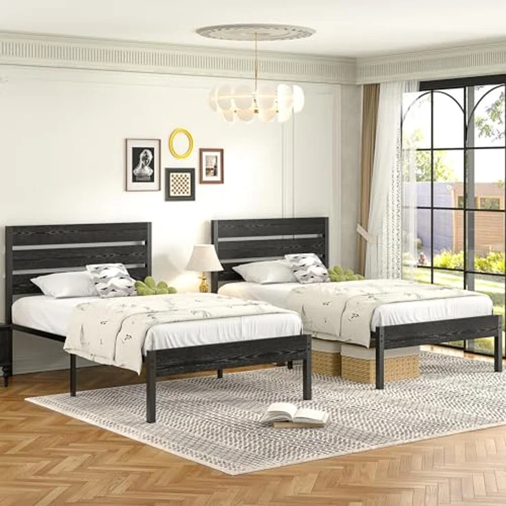 VECELO 2er-Set Bettgestelle 90x200 cm, Einzelbetten mit dickem Holzkopfteil und Metall Lattenrost, stabil und geräuschlos mit 31 cm Stauraum, Industrial Design für Schlafzimmer, Schwarz – Bild 4