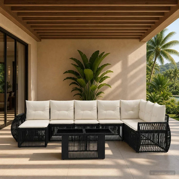 vidaXL Gartensofa-set 9 stk. Schwarz und Cremeweiß Poly-Rattan 3436987 – Bild 1