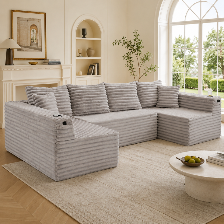 U-förmige Cord-Wohnlandschaft 320 cm mit Getränkehaltern, Seitentaschen und 6 Kissen, modulares Sofa mit Schaumstoff-Feder-Polsterung, Hellgrau