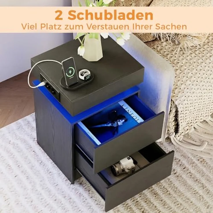 IRONCK Nachttisch 2er Set mit LED-Lichtern & 2 AC-Steckdose, Beistelltisch mit USB+Typ-C Anschlussen, Nachtschrank mit 2 Schubladen, Sofatisch für Schlafzimmer, Wohnzimmer, Grau – Bild 7