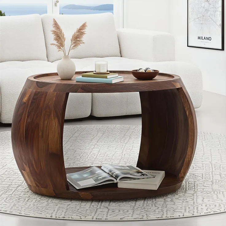FineBuy Couchtisch Sheesham Massivholz rund 60cm · Wohnzimmertisch mit Ablagefach · Handgefertigter Sofatisch aus Echtholz im natürlichen Landhaus Design – Bild 2