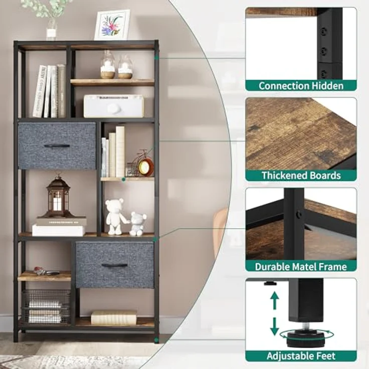 YITAHOME Bücherregal mit Schubladen, 7-stöckiges Standregal mit Stahlrahmen, Bodenstehendes Lagerregal, Industrieregal Aufbewahrungsregal, für Wohnzimmer, Büro, Flur, Küche, Vintagebraun Regal – Bild 6