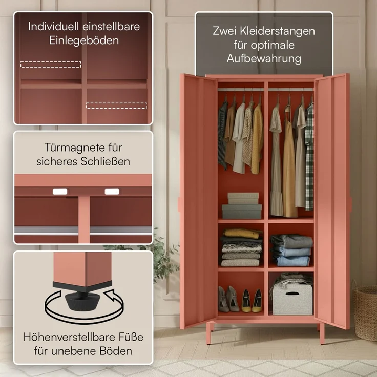 skølm 'Ituri' Kleiderschrank, Metall, 170x45x80 cm, terrakotta, Garderobe mit 4 Fächern und 2 Kleiderstangen – Bild 3