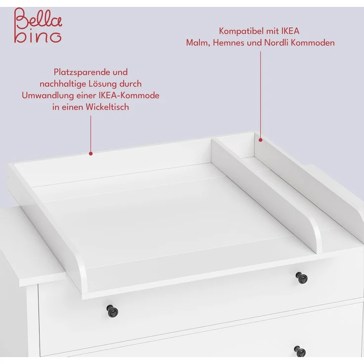 Bellabino 'Oti' Wickelaufsatz für IKEA Kommoden (Malm, Hemnes, Nordli), weiß, mit Trennfach (beidseitig montierbar), 10 x 74 x 80 cm – Bild 5