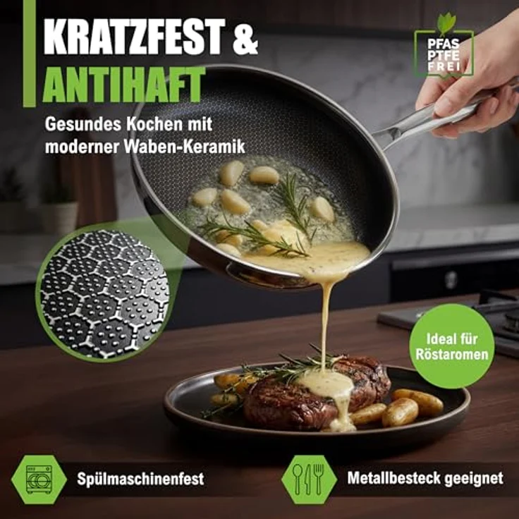 Morleos Bratpfanne, Edelstahl 20 cm, kratzfest, antihaft, für Gas, Induktion und Elektro, PFAS/PTFE frei mit Keramik Wabentechnologie – Bild 4