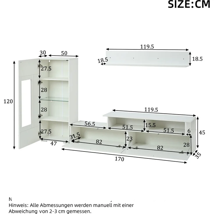 TV Wohnwand Set 3-teilig LED Beleuchtung Hochglanz Wohnzimmer Möbel Set Frontale Wohnwand 1 x TV Schrank, 1 x Wohnzimmer Vitrine, 1 x Hängeregal, TV bis 75' Weiß--Weiß--130x46x15.49cm--YOUDENOVA – Bild 8