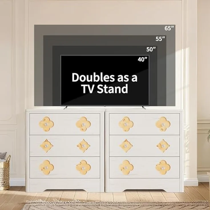 GarveeHome Kommode Mit 3 Schubladen, Nachttisch Mit Durchbrochenem Muster Und Kristallknauf, Dekorativer Beistelltisch Mit 220 kg Tragkraft, Für Wohnzimmer Und Schlafzimmer, 80 x 40 x 77 cm – Bild 9