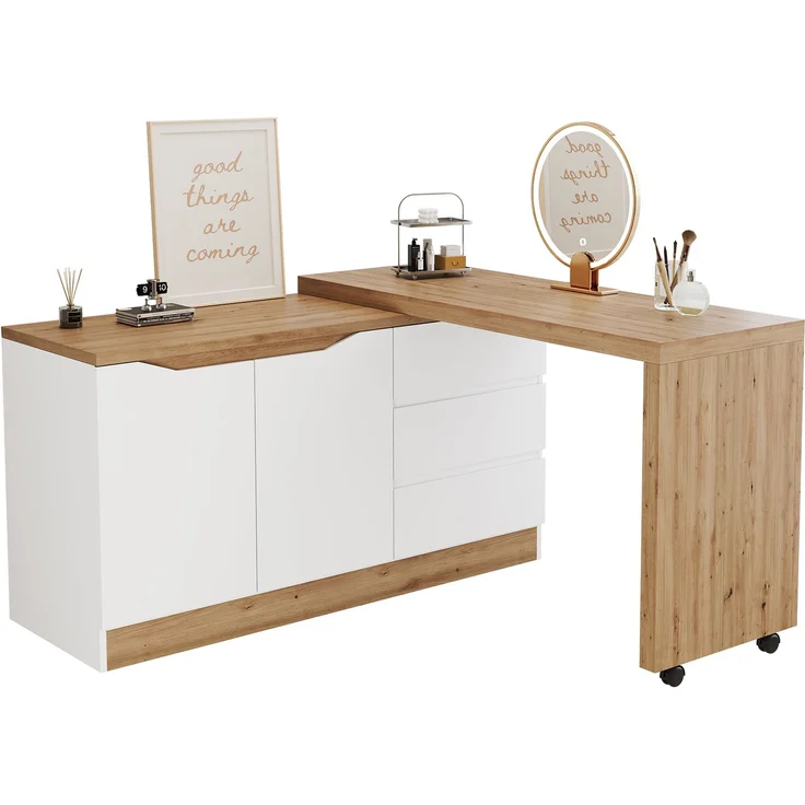 ZUBALIYA Schreibtisch mit feststellbaren Rollen – multifunktionales Design, 4 cm dickere, drehbare Tischplatte, fest arretierbar, weiß/Eiche, Faltbarer Schreibtisch, Eckschreibtisch, Sideboard,Dicke Materialie – Modell N880P4642134O – Bild 10