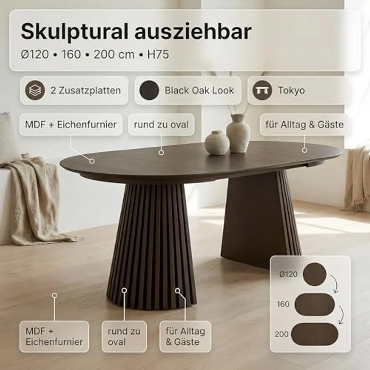 ebuy24 Esstisch Tokyo Esstisch inkl. 2 Zusatzplatten ø120x120-160- – Bild 5