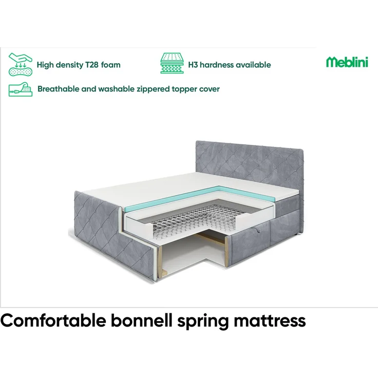 MEBLINI Boxspringbett HENRY 180x200cm - H3B/Dunkelgrau Samt - mit Bettkasten - Polsterbett - Doppelbett mit Topper & Bonellfederkern-Matratze – Bild 5