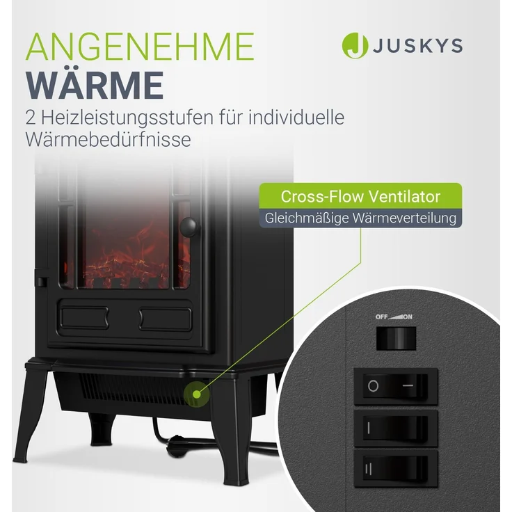 Juskys Elektrokamin 2000 W – Schwarz, elektrischer Standkamin mit Flammeneffekt, Heizfunktion, 2 Heizstufen, Thermostat & Sicherheitsabschaltung – Bild 3