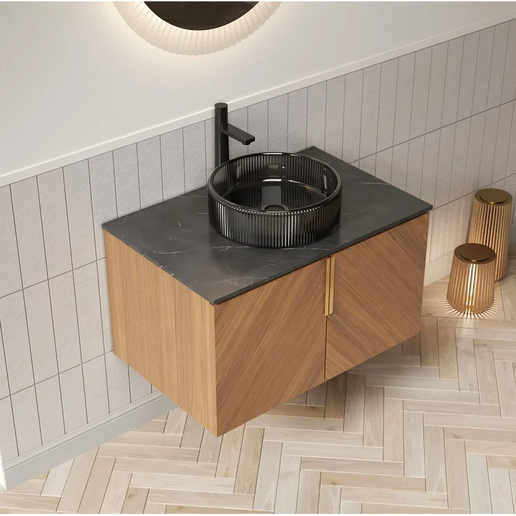 Waschtisch 76 x 50 x 52,6 cm mit Glasbecken, Sintersteinplatte und Soft-Close-Türen – Bild 1