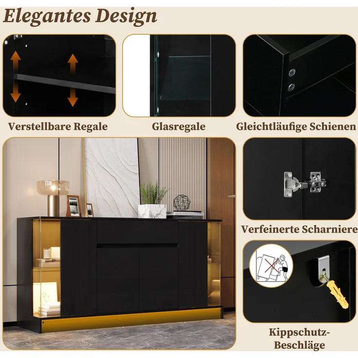 DESVIAE Sideboard Schwarz aus Spanplatte – 150x75x40 cm – LED-Beleuchtung, Glasvitrinen, Schublade – Bild 5