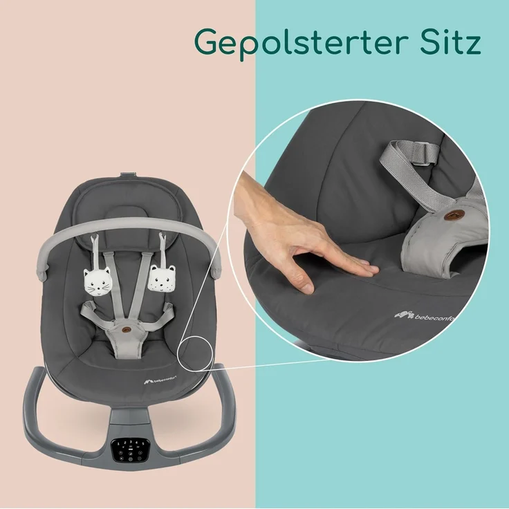 Bebeconfort Jolana, Babywippe elektrisch, 0–6 Mon (9 kg), automatische Bewegungserkennung, 12 beruhigende Lieder, 5 Naturgeräusche, verstellbare Rückenlehne, 2 Liegepositionen, Tinted Graphite – Bild 7