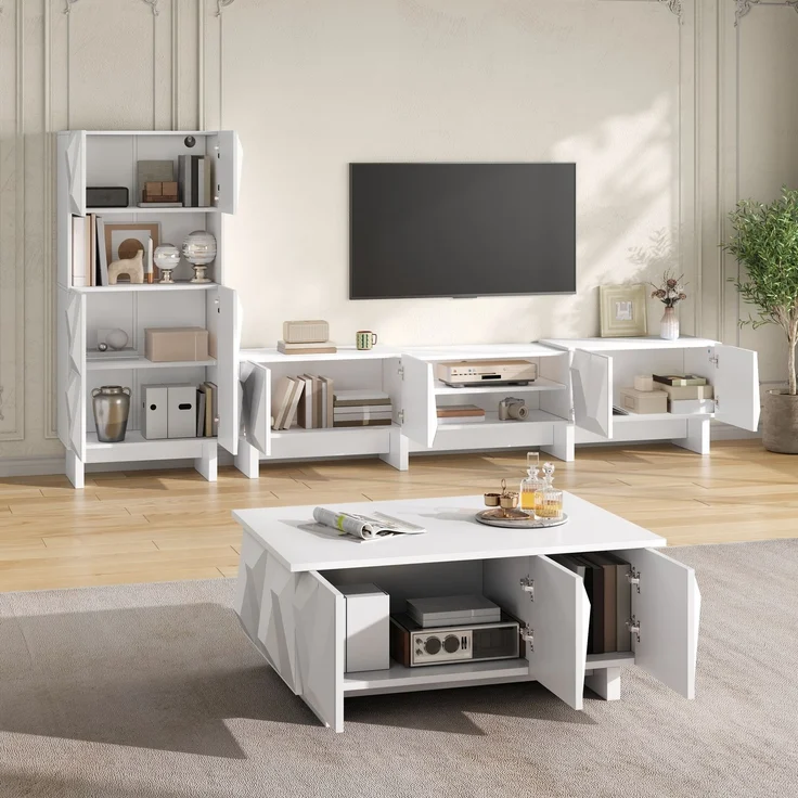 Wohnzimmermöbel Set mit 3D-Front, TV-Lowboard, Vitrinenschrank und Couchtisch, modernes Möbel-Set aus PB, geometrisches Design--Weiß--180x34x44.5cm--YOUDENOVA – Bild 2