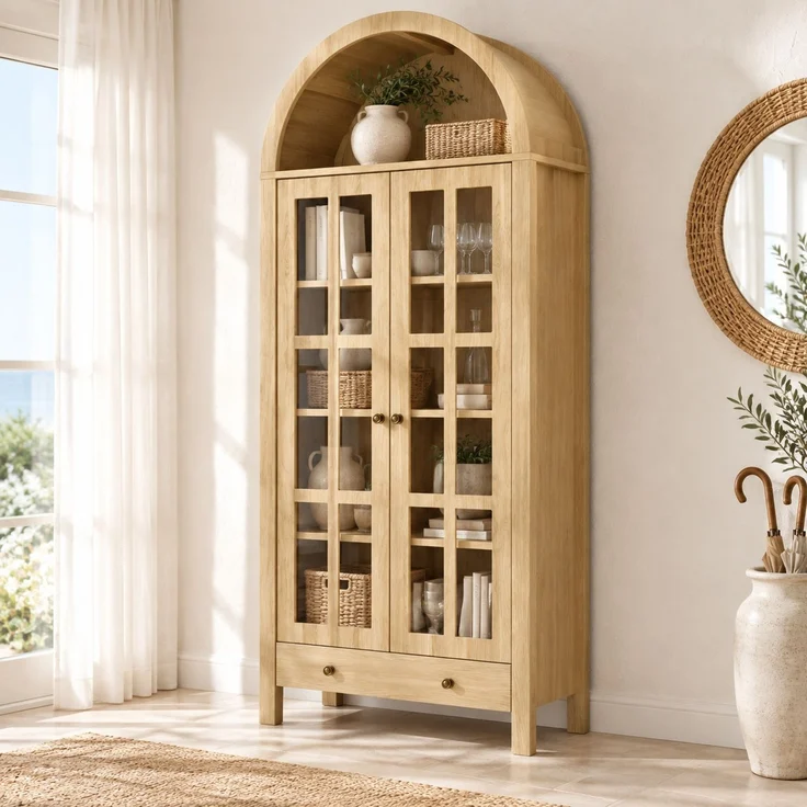 Vitrine 75x35x170,5 cm mit Bogenfach, Acryl-Türen und Schublade, naturfarben – Bild 2