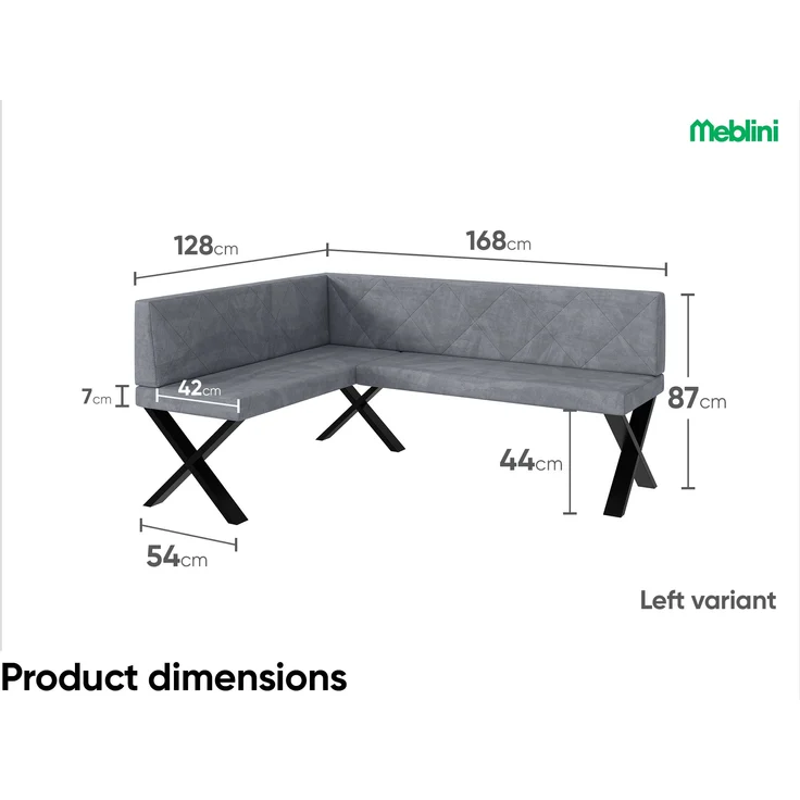 MEBLINI Eckbank für Esszimmer - Küchenbank - Essecke - Sitzecke Küche - ERIC - X-Beine 128x168x87cm Links - Grau Samt – Bild 3