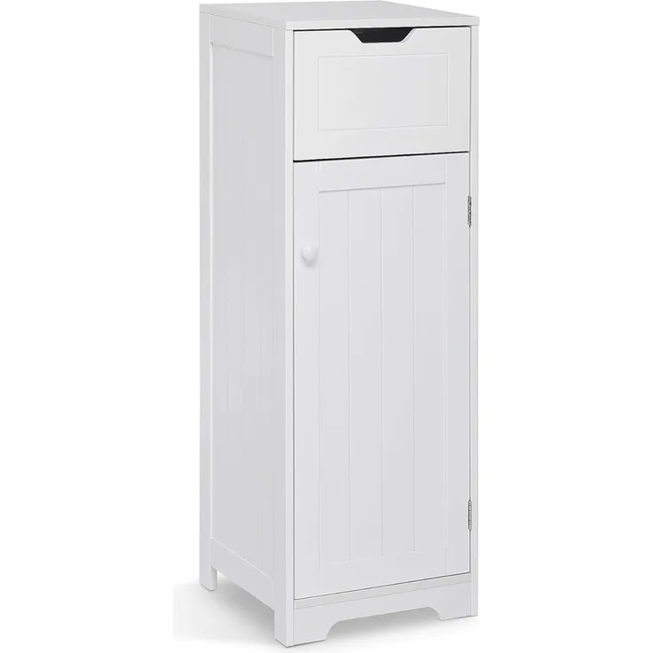 Meerveil Badschrank Schmal, Badezimmerschrank mit 1 Schubladen 1 Tür 2 Regal, 32 x 30 x 87 cm Weiß MDF Holz Lackiertes, Badmöbel für Badezimmer Küche Wohnzimmer Eingang