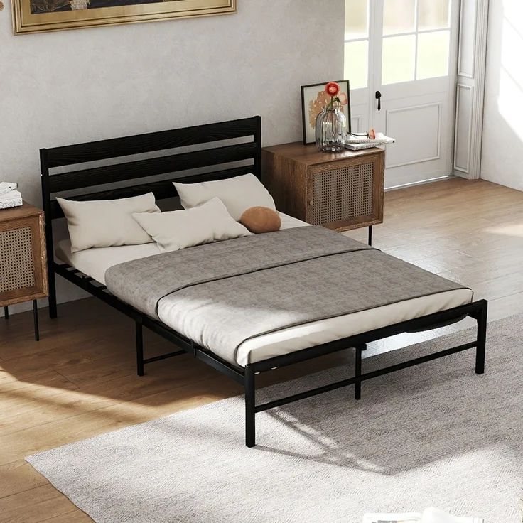 Doppelbett aus Metall mit MDF-Kopfteil, ohne Matratze, 140x200 cm, Schwarz – Bild 3