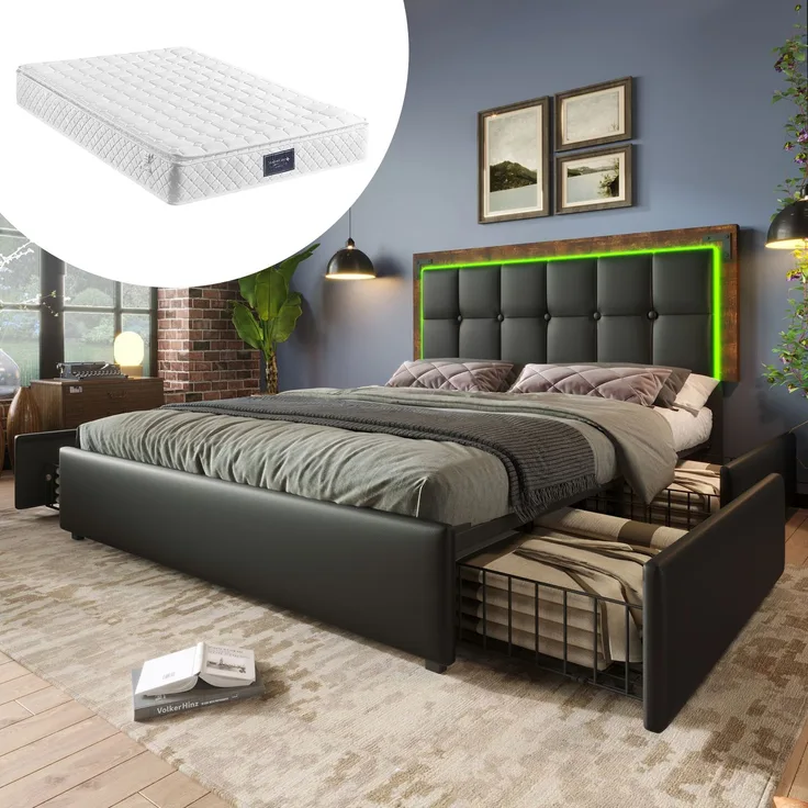 Einzelbett 160x200 cm mit LED-Beleuchtung, 4 Schubladen, höhenverstellbares Kopfteil, Luxus-Kunstleder Schwarz,inklusive Matratze