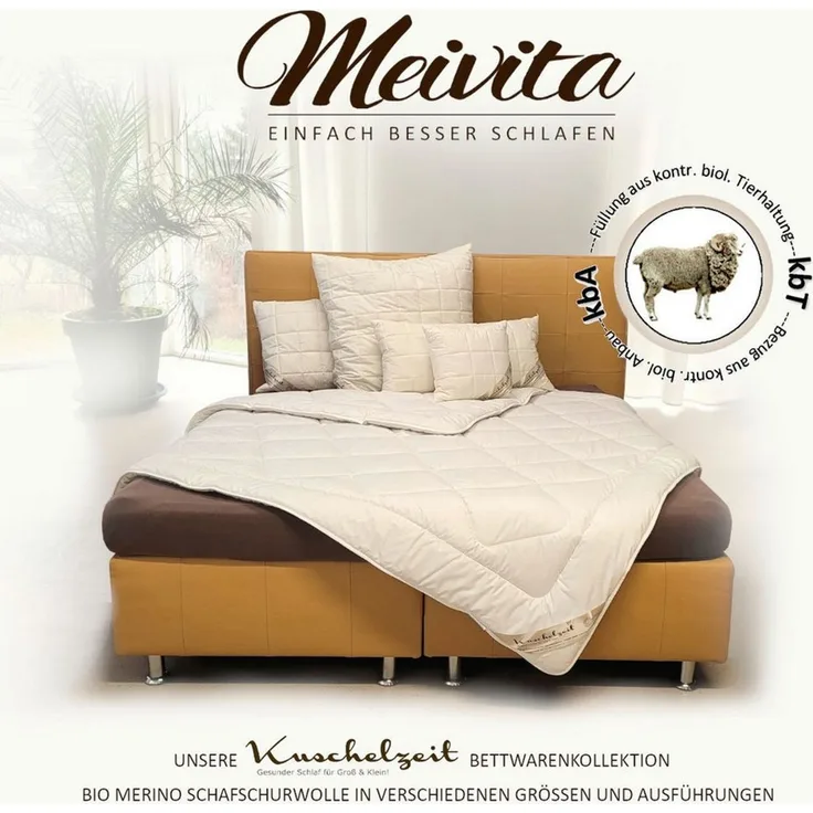 Meivita Naturhaarbettdecke Bio Merino Schafschurwolle Ganzjahresdecke kbA und kbT, Füllung: 100% Wolle kbT, Bezug: 100% Baumwolle kbA, Bettdecke Hergestellt in Deutschland