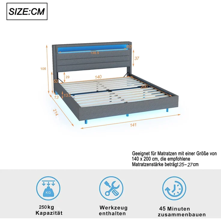 Polsterbett 140x200 cm mit USB-Steckdose und LED-Licht, wendbares Kopfteil, verdecktes Fußteil, Doppelflachbett, Jugendbett, Erwachsenenbett, Leinenstoff grau – Bild 7