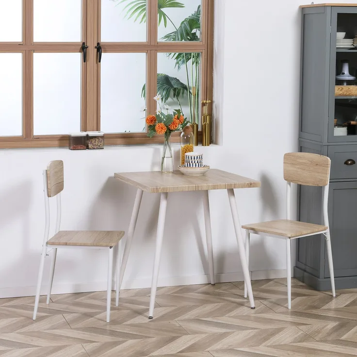 Esstischgruppe H 76 x T 70 x B 70 cm, MDF und Stahlrahmen, mit 2 Stühlen