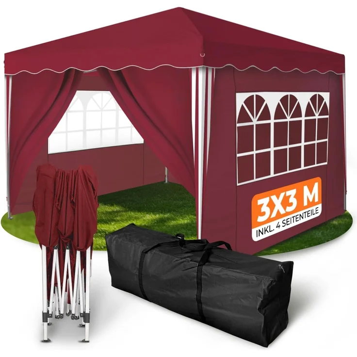 Faltpavillon 3x3 m - wasserdicht - mit 4 Seitenteilen, rot – Bild 1