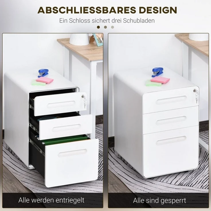 Vinsetto Rollcontainer Bürocontainer mit 3 Schubladen, (Büroschrank, 1 St, Aktenschrank), Stahl, Weiß, 39 x 48 x 59 cm – Bild 3