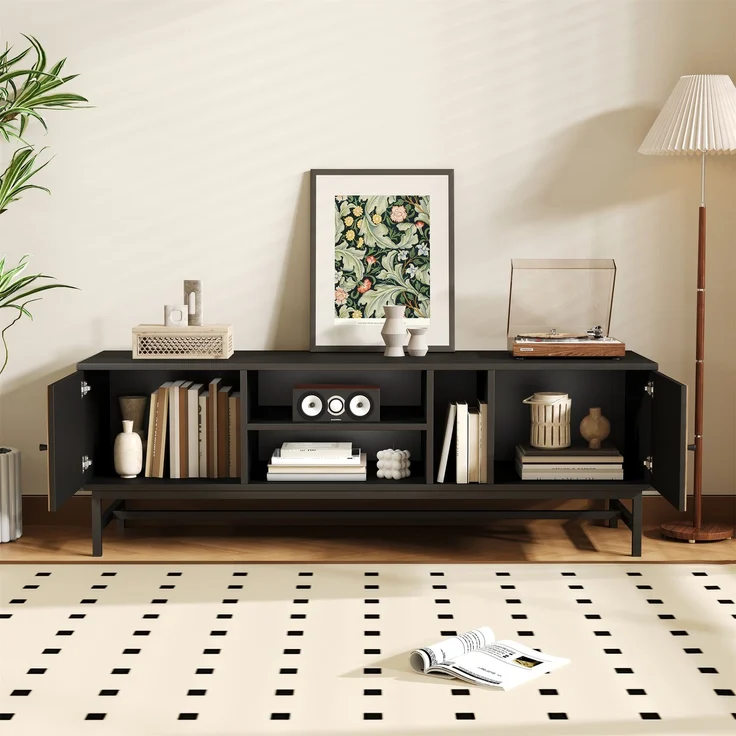 TV Schrank Schwarz Holzoptik 150x38 cm mit 2 Türen und offenen Fächern Metallbeine Sideboard Medienregal für Wohnzimmer – Bild 3