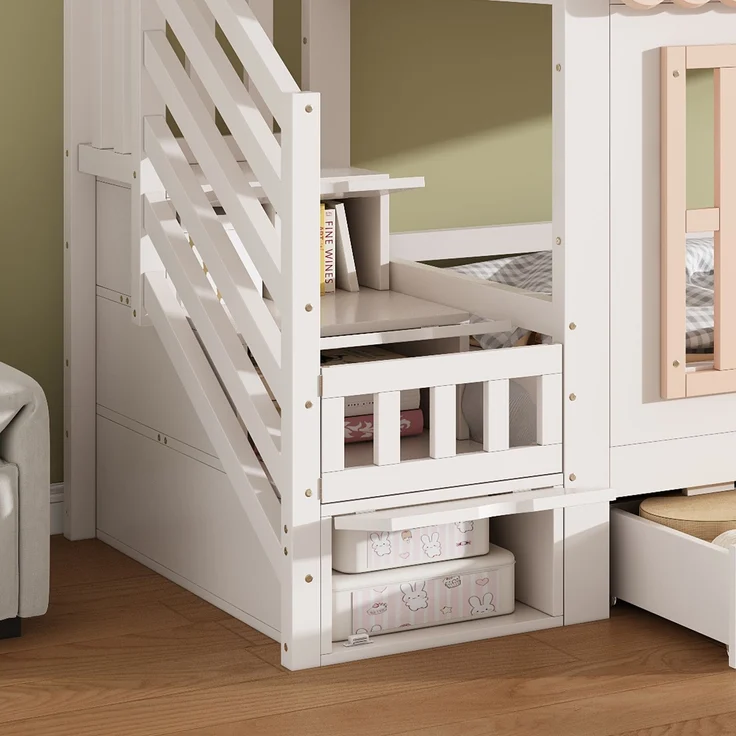 ZUBALIYA Etagenbett, Kinderbett, Hausform, Seitlicher Stauraumschrank mit Leiter, 2 Schubladen, Dekorative Holzfenster und Zierleisten, Kiefer+MDF, Weiß+Natur, 90x200 cm, Natur / Weiß – Bild 22