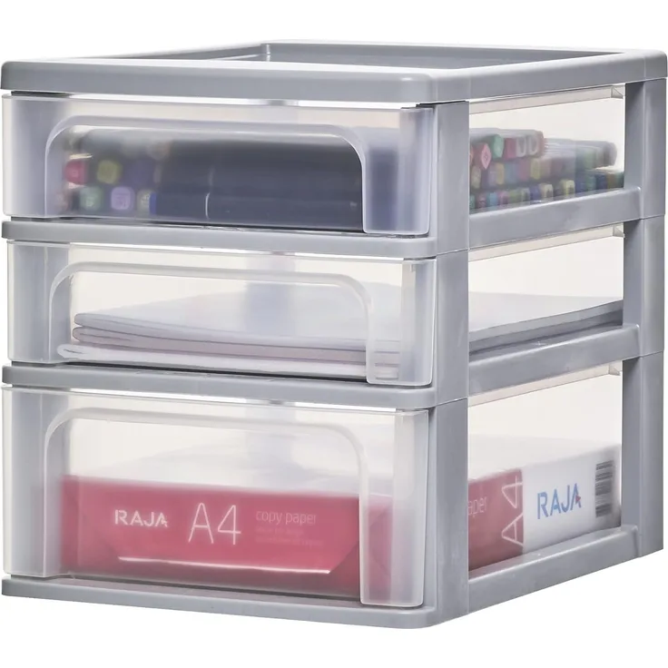 Iris Ohyama, Aufbewahrungsturm aus Kunststoff, Büroschublade 2x4L x 1x7L, OCH-2021, Grau, ergonomischer Griff ? B35,5 x T26 x H29,5 cm
