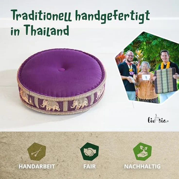 livasia Meditationskissen Zafukissen groß (Deluxe) vegan und handgefertigt, 44x15cm, Kapok – Bild 8