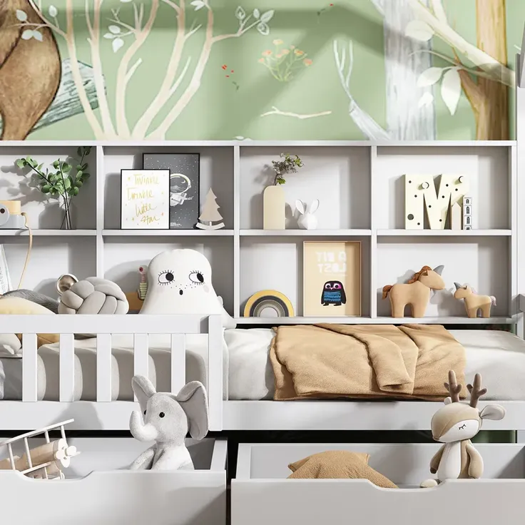 Kinderbett Hausbett mit Rausfallschutz, 2 Schubladen und Lattenrost, 90x200 cm, Einzelbett, Kiefer – Bild 3