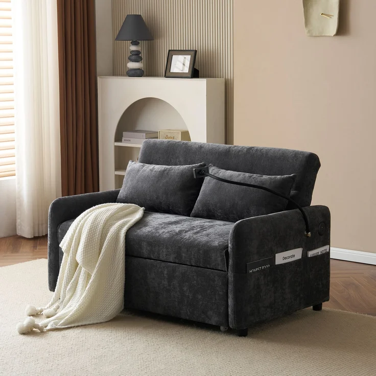 Ausziehbares Schlafsofa 2-Sitzer mit USB-Anschluss & verstellbarer Rückenlehne mit Kissen und Stauraumtaschen,multifunktionales,Grau – Bild 6