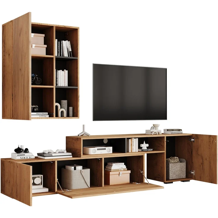 Wohnzimmer TV-Schrank-Set verstellbar & Wandschrank Holzfarbe & Schwarz, 3 Türen, 2 offene Schubladen, 1 halboffenes Regal – Bild 9