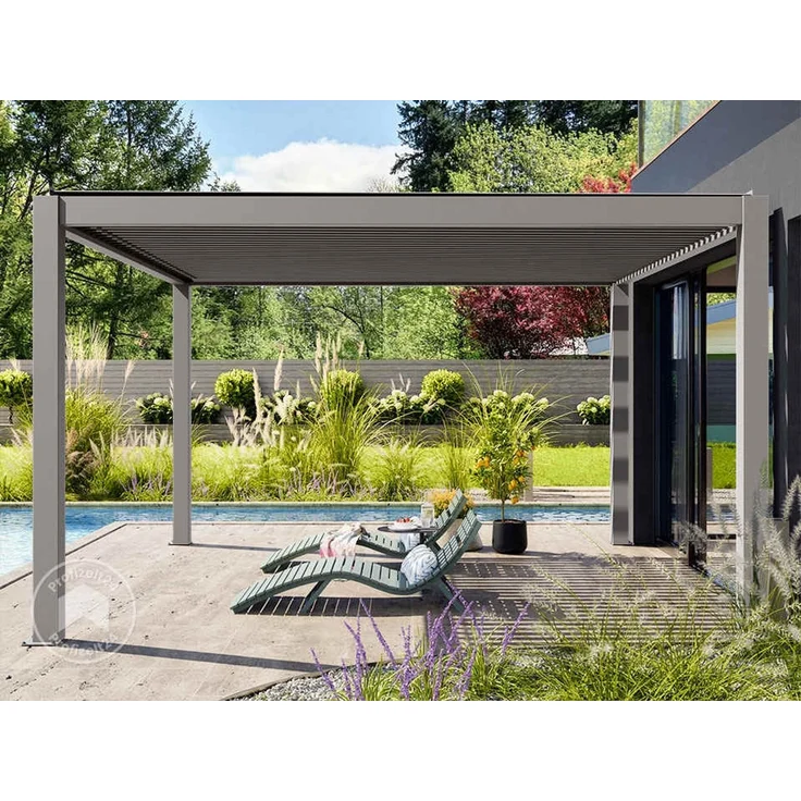 PRIMEYARD Pergola 4x4 m Aluminium Pfosten mit Lamellendach aus Aluminium graue Terrassenüberdachung – Bild 4