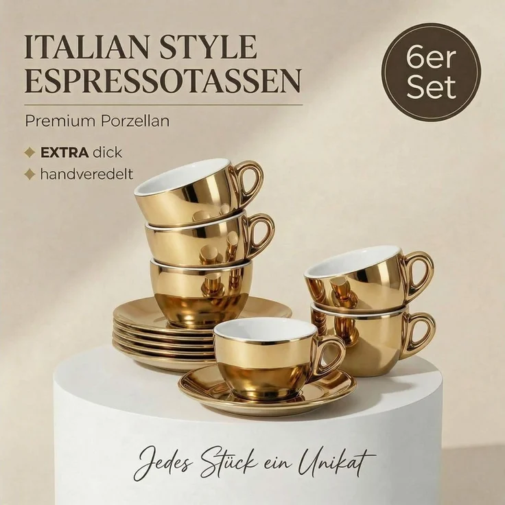 MUVELL Espressotasse 6x Espresso & Untertassen Set 0,8 cm dickwandig, goldfarben, 6-tlg, Keramik, 60 ml stoßfest und robust – Bild 2