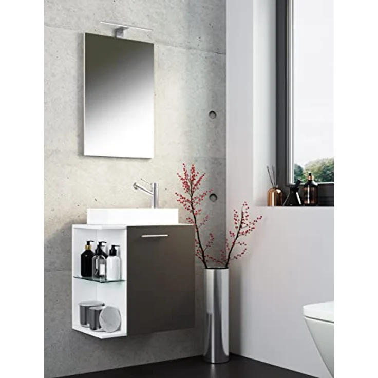 VCM Waschplatz "Hausa", Badmöbelset 3 tlg. für Gäste-WC mit Spiegel und Keramikwaschbecken, Weiß – Bild 2
