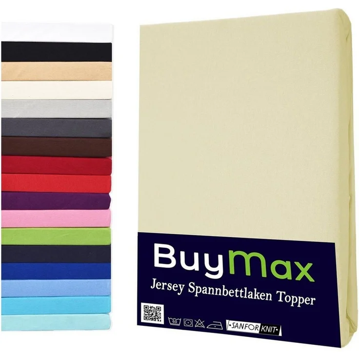 Buymax® Topper Spannbettlaken 160x200 cm Spannbetttuch 100% Baumwolle Jersey für Matratzentopper bis 12 cm Matratzenhöhe Bettlaken für Topper, Beige – Bild 5